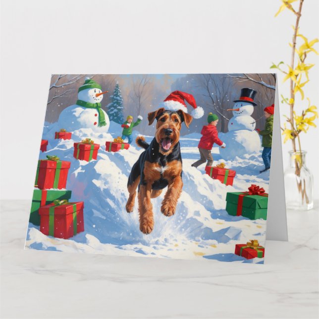 Carte Scène de neige festive de Noël d'Airedale (Fleur jaune)