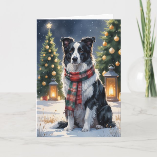Carte Scène de Noël à l'aquarelle avec un Border Collie (Devant)