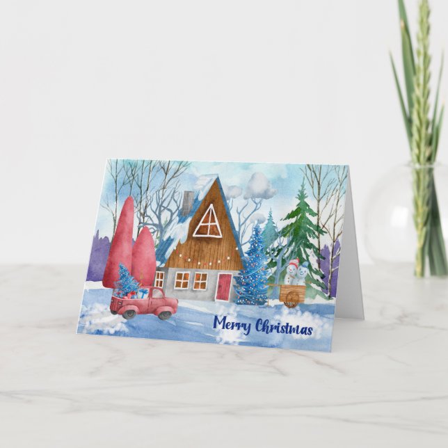 Carte Scène de Noël avec chalet et camion rouge (Devant)