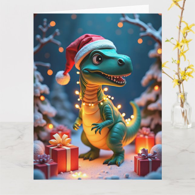 Carte Scène de Noël avec un dinosaure mignon enveloppé d (Fleur jaune)