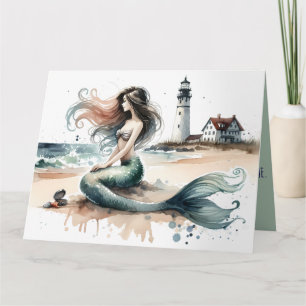 Carte Scène de phare de sirène à l'aquarelle côtière