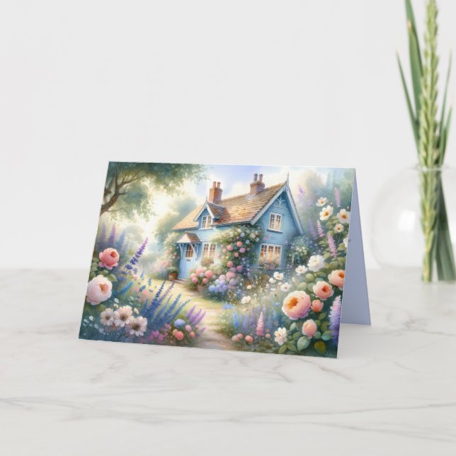 Carte Scène florale de maison bleue de jardin de campagn (Devant)