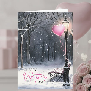 Carte Scène hivernale - Cœurs roses Joyeuse Saint-Valent