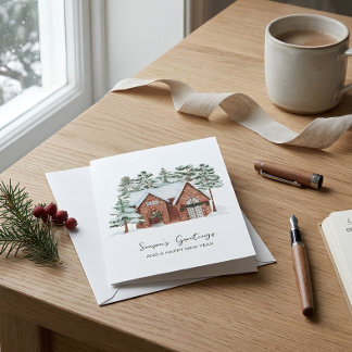 Carte Scène hivernale de Cottage enneigé Pins de Noël