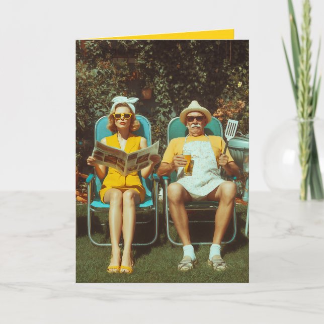 Carte Scène Rétro de BBQ dans un Jardin avec un Couple É (Devant)