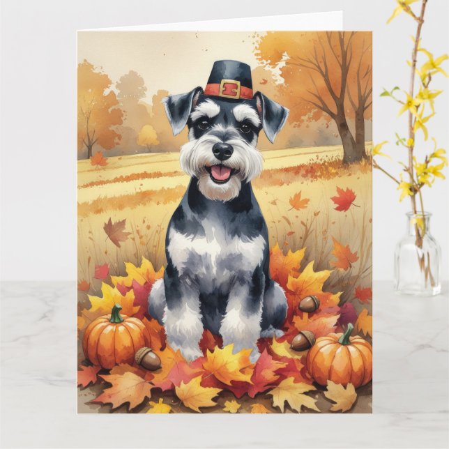 Carte Schnauzer En Automne Laisse L'Art Thanksgiving (Fleur jaune)