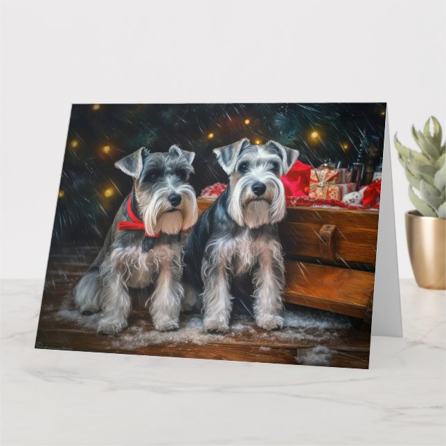 Carte Schnauzer enneigé décoration de Noël traîneau  (Petite plante)