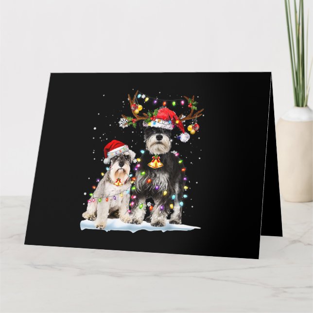 Carte Schnauzer Renne Santa Chapeau Xmas Lumières Noël (Devant)