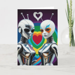 Carte SciFi Female Robots in Love Rainbow Heart