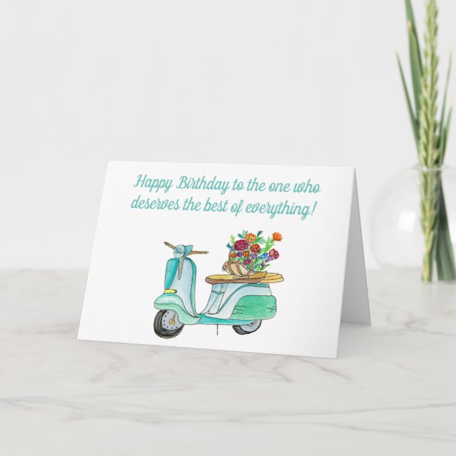 Carte Scooter d'anniversaire à l'aquarelle avec panier d (Devant)