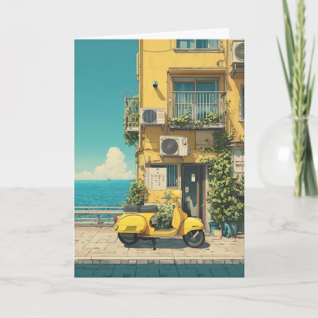 Carte Scooter jaune au bord de la mer (Devant)