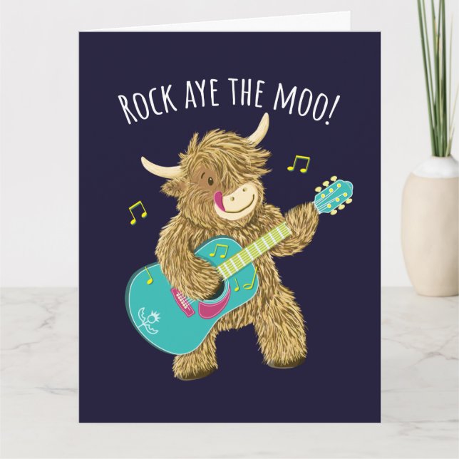 Carte Scottish Highland Cow Guitarist Rock Aye The Moo! (Devant)