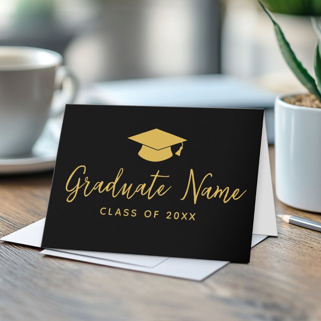 Carte Script Grad Name avec Casquette - Graduation Black (Custom Graduation Note Card)