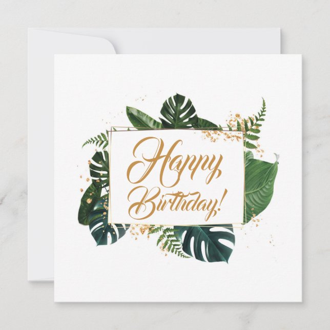 Carte Script Moderne Feuilles verts heureux anniversaire (Devant)