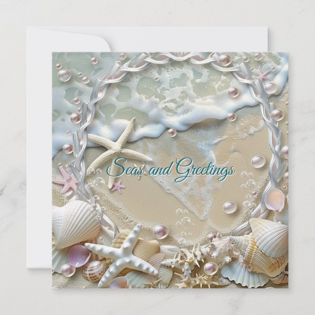 Carte Seas et salutations Starfish Shells Pearl Seafoam (Devant)