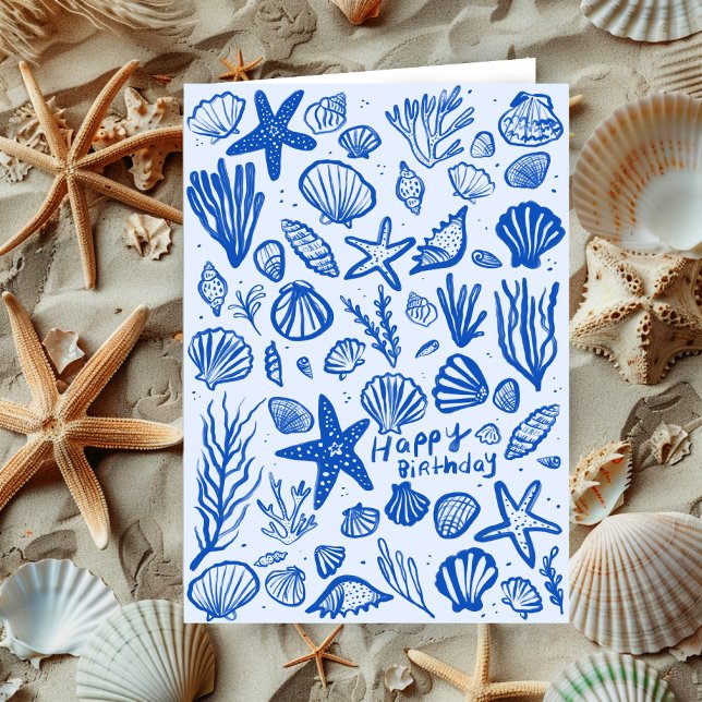 Carte Seashells Beach Shells Ocean Joyeux anniversaire (Seashells Beach Shells Ocean Happy Birthday Card Blue doodle sketch scribbles
)