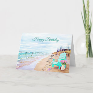Carte Seaside Beach Scene Chaise Turquoise Fleurs Annive