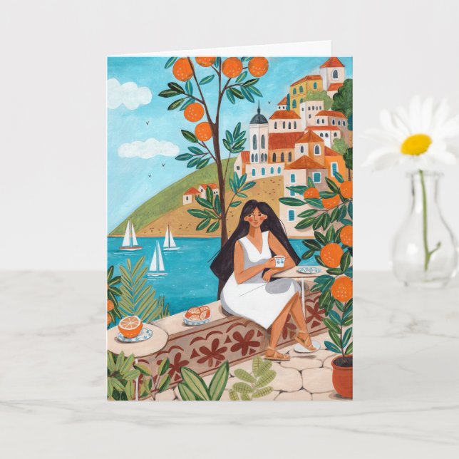 Carte Seaside Café Woman Illustration Art Greeting Card (Petite plante)