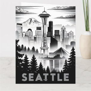 Carte Seattle Washington Skyline Noir Blanc Gravure sur