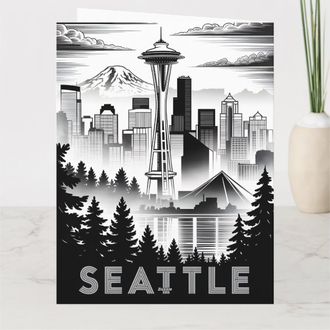 Carte Seattle Washington Skyline Noir Blanc Gravure sur  (Dos)