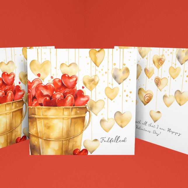Carte Seau plein de Coeurs rouges et de Coeurs d'amour d (Bucket full of Valentine's red hearts with gold hearts on a string for love day customizable cards.)