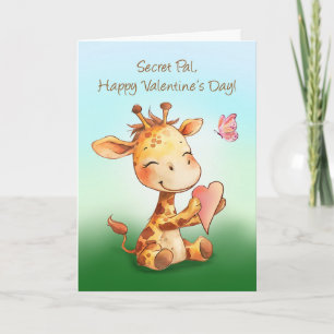 Carte Secret Pal Valentine Cute Happy Giraffe avec coeur