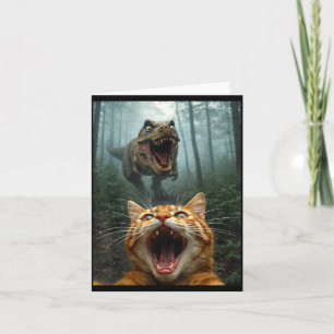 Carte Selfie de chat orange avec T-Rex dinosaure drôle h