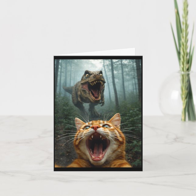 Carte Selfie de chat orange avec T-Rex dinosaure drôle h (Devant)
