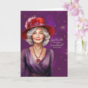 Carte Sensations en rouge avec robe violette pour annive