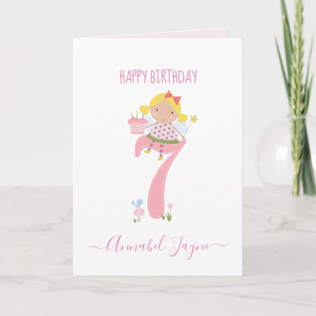 Carte Septième anniversaire fée mignon rose personnalisé (Devant)
