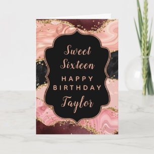 Carte Séquins rose noir Agate Sweet 16 Joyeux anniversai