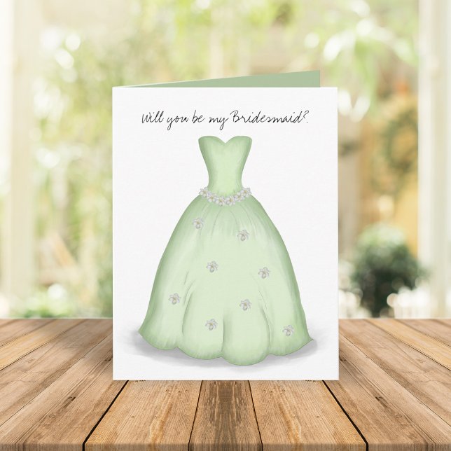 Carte Seras-tu mon Aquarelle verte de Bridesmaid (Will you be my bridesmaid green bridal dress greeting card.)