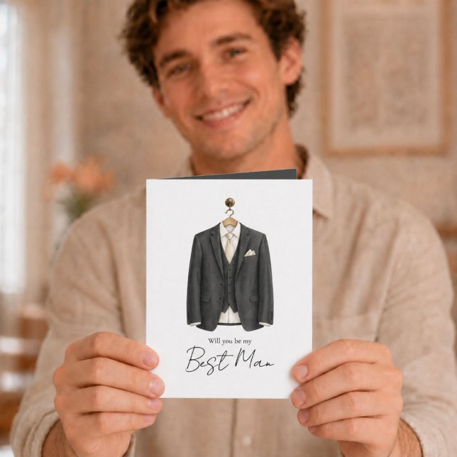 Carte Seras-tu mon témoin de mariage ? Proposition de co (Elegant watercolor Best Man proposal card with charcoal suit and cream accents.)