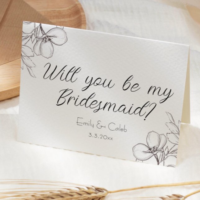 Carte Serez-Vous Ma Femme D'Accueil ? Art Floral Line (will you be my bridesmaid bridesmaid proposal card black and white flowers drawn script cursive )