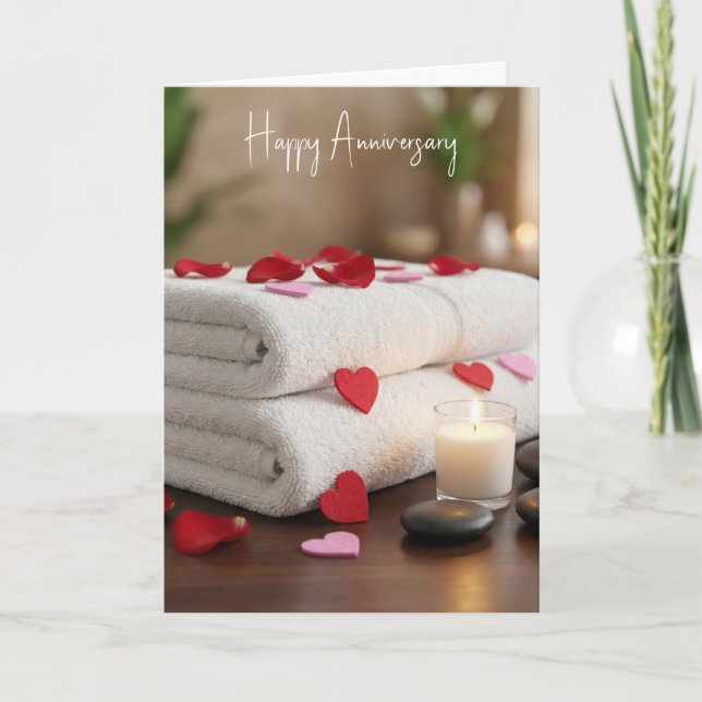 Carte Serviettes de spa d'anniversaire avec des cœurs (Devant)