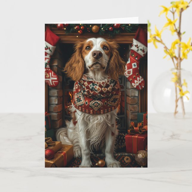 Carte Setter Anglais Chien Avec Cadeaux De Noël Cheminée (Fleur jaune)