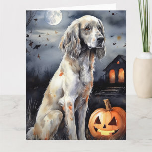 Carte Setter anglais d'Halloween avec citrouilles effray