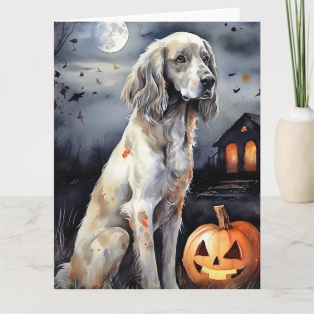 Carte Setter anglais d'Halloween avec citrouilles effray (Devant)