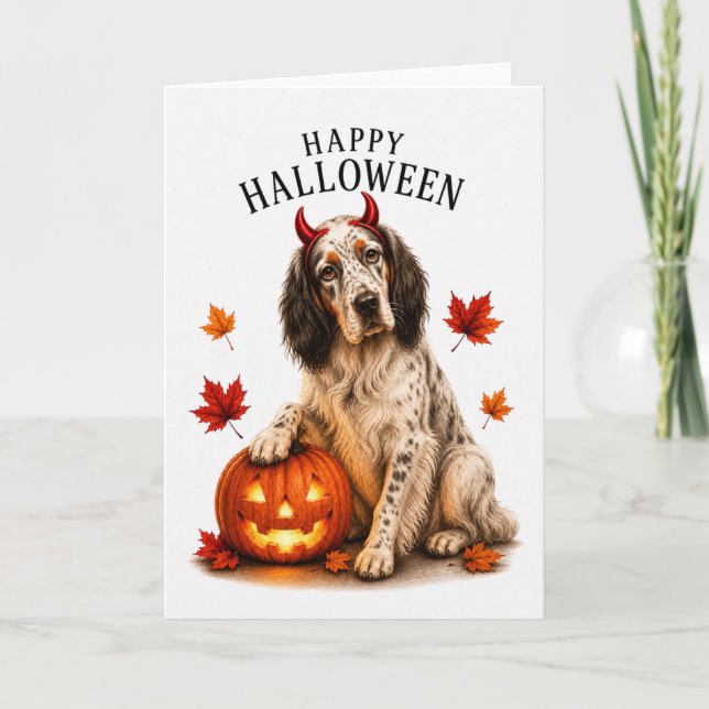 Carte Setter Anglais Halloween Diable Chien (Devant)
