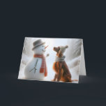 Carte Setter irlandais de Noël avec Snowman<br><div class="desc">Un bonhomme de neige et un chien de l'Irish Setter,  tous deux portant des foulards,  partagent un moment de compagnie dans une forêt enneigée</div>