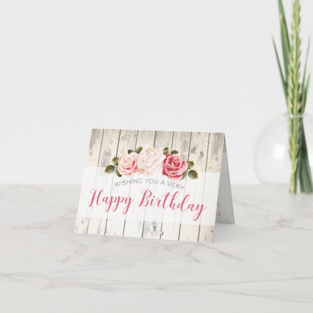 Carte Shabby Chic Rose Rustique Bois Personnalisé Annive (Devant)