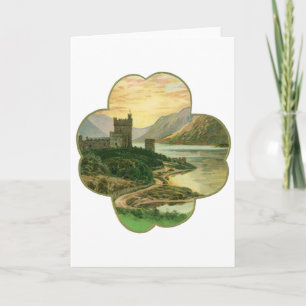 Carte Shamrock vintage Lucky Gold avec château irlandais