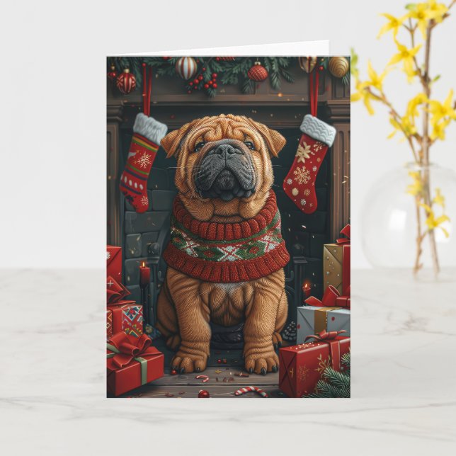 Carte Shar Pei avec des cadeaux de Noël Cheminée (Fleur jaune)