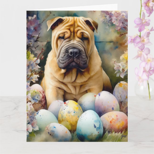 Carte Shar Pei Chien avec Oeufs de Pâques Vacances (Orchidée)