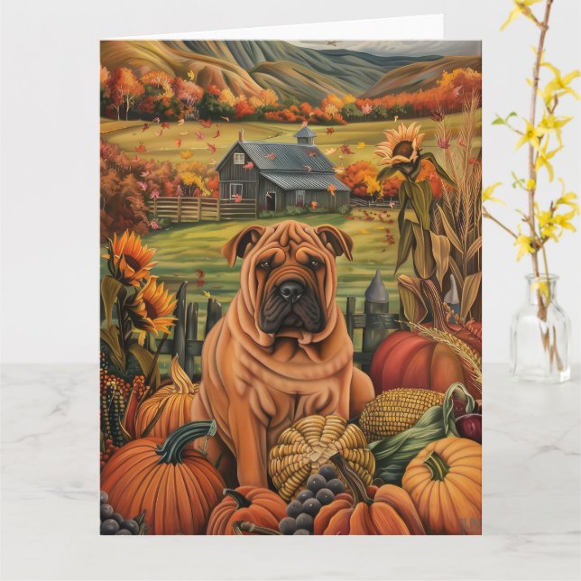 Carte Shar Pei Chien Moisson Automne Thanksgiving (Fleur jaune)