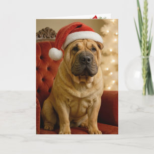 Carte Shar-Pei de Noël avec un chapeau de Père Noël