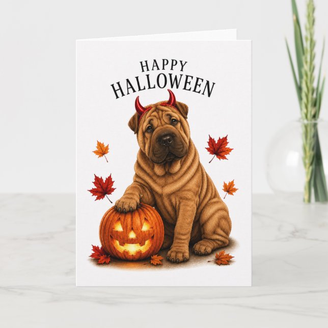 Carte Shar Pei Halloween Diable Chien (Devant)