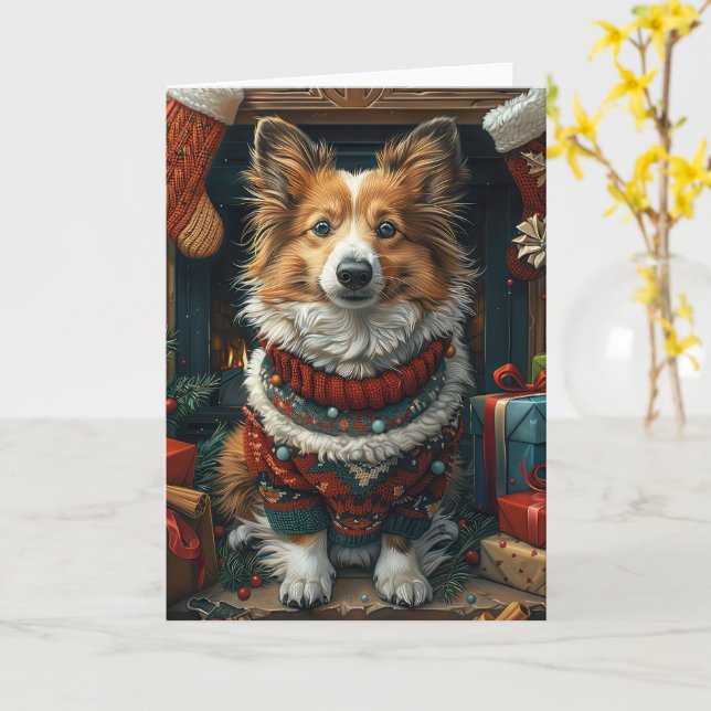 Carte Shetland Sheepdog Avec Cheminée Cadeaux De Noël (Fleur jaune)