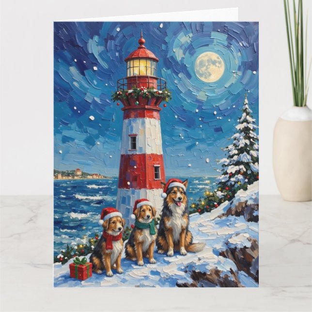 Carte Shetland Sheepdog Christmas Lighthouse Holiday (Devant)