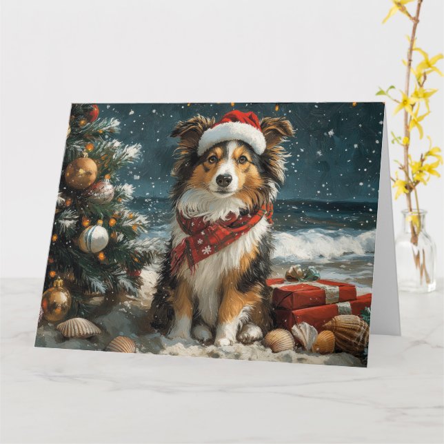 Carte Shetland Sheepdog Christmas Plage Vintage (Fleur jaune)